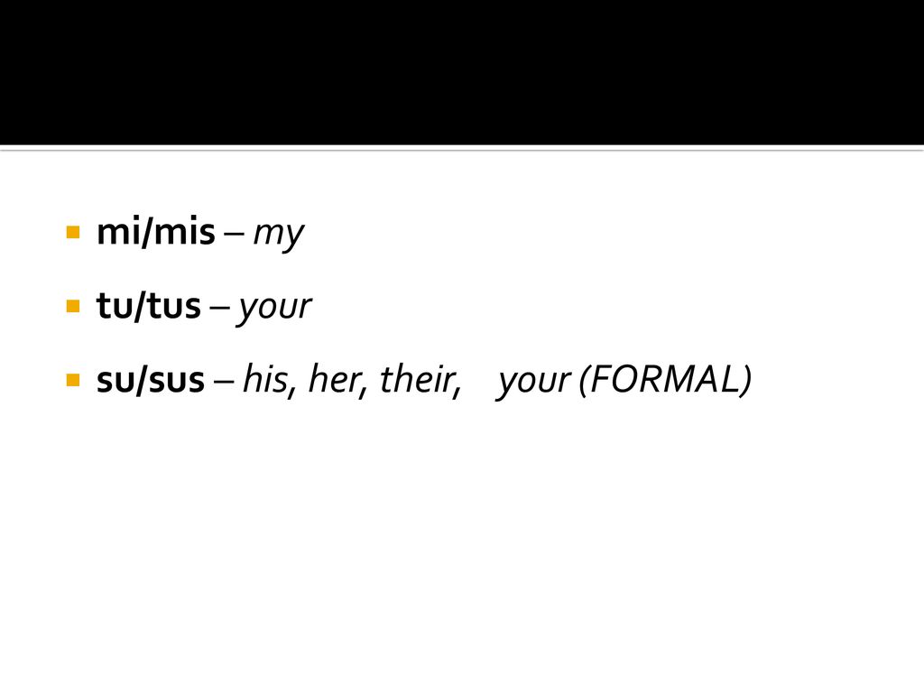 mi/mis – my tu/tus – your su/sus – his, her, their, your (FORMAL)