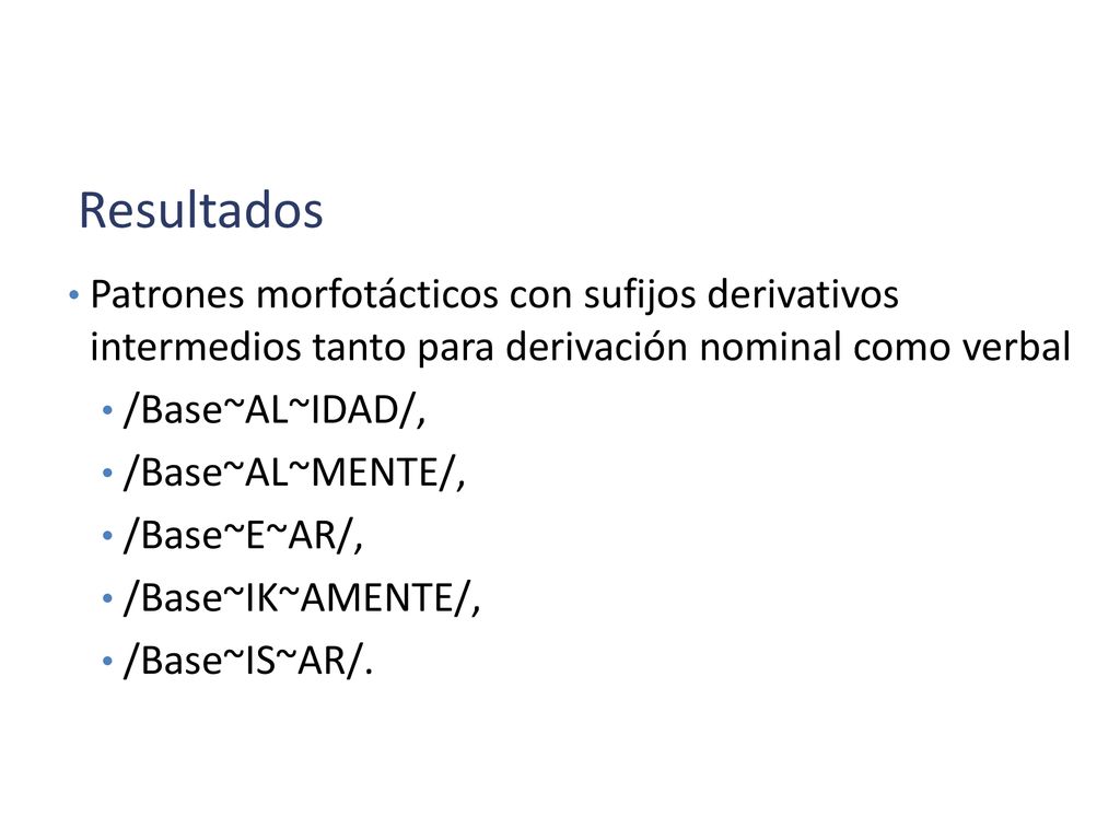 Resultados Patrones morfotácticos con sufijos derivativos intermedios tanto para derivación nominal como verbal.