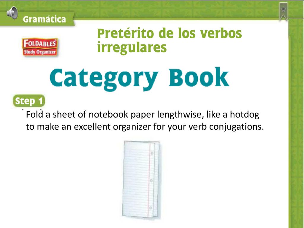 Fold a sheet of notebook paper lengthwise, like a hotdog to make an excellent organizer for your verb conjugations.