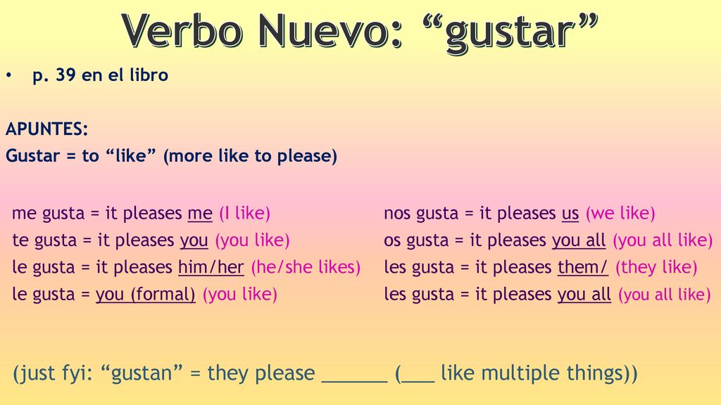 Verbo Nuevo: gustar p. 39 en el libro. APUNTES: Gustar = to like (more like to please)