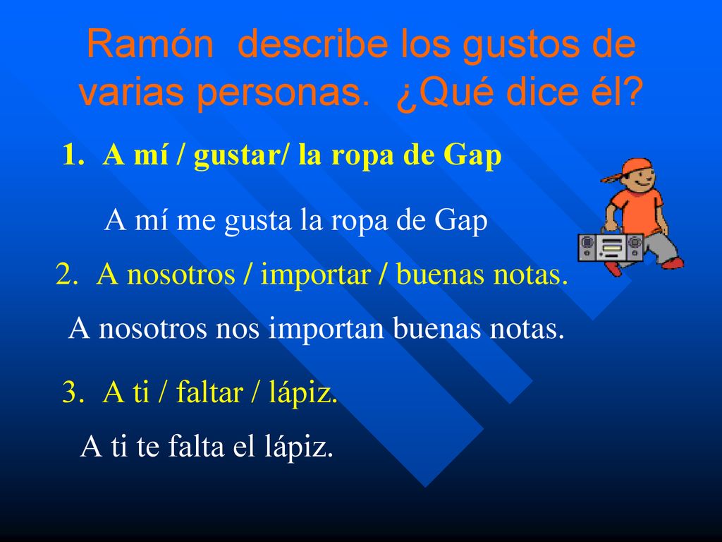 Ramón describe los gustos de varias personas. ¿Qué dice él