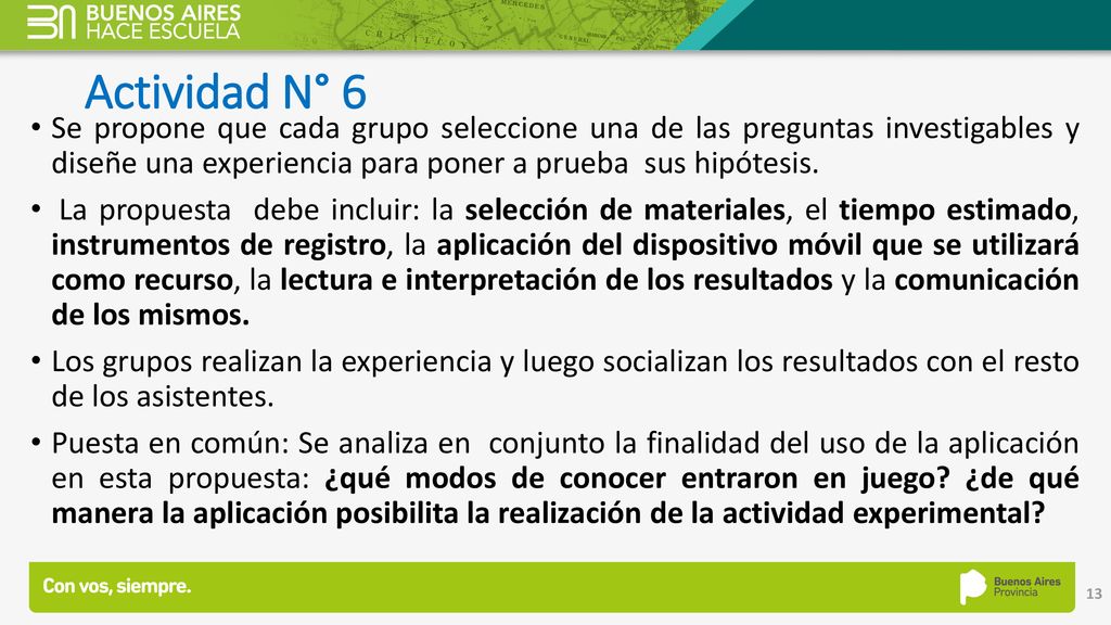 Actividad N° 6 Se propone que cada grupo seleccione una de las preguntas investigables y diseñe una experiencia para poner a prueba sus hipótesis.