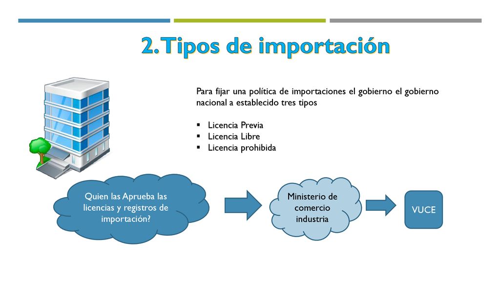 2. Tipos de importación Para fijar una política de importaciones el gobierno el gobierno nacional a establecido tres tipos.