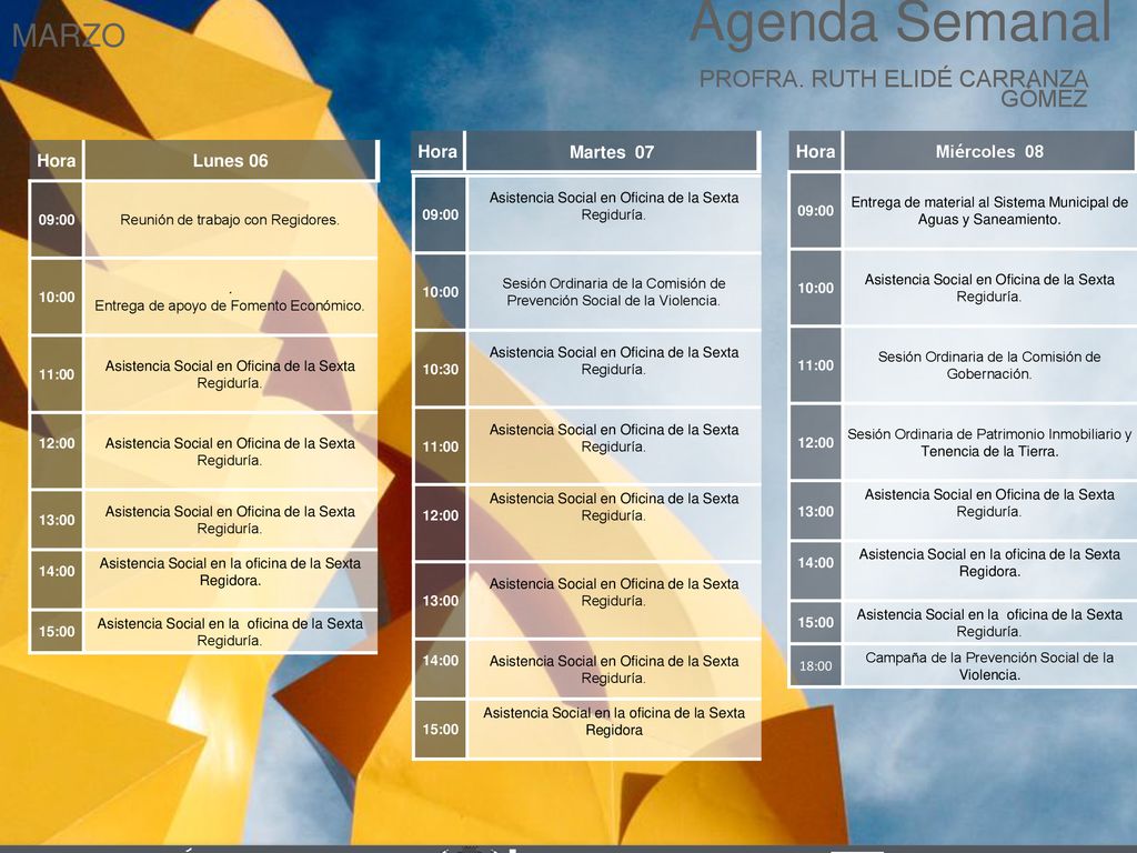 Agenda Semanal MARZO Cabildo Torreón PROFRA. RUTH ELIDÉ CARRANZA GÓMEZ