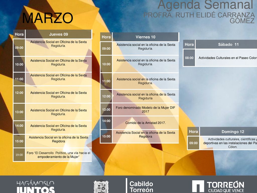 MARZO Agenda Semanal PROFRA. RUTH ELIDÉ CARRANZA GÓMEZ Cabildo Torreón