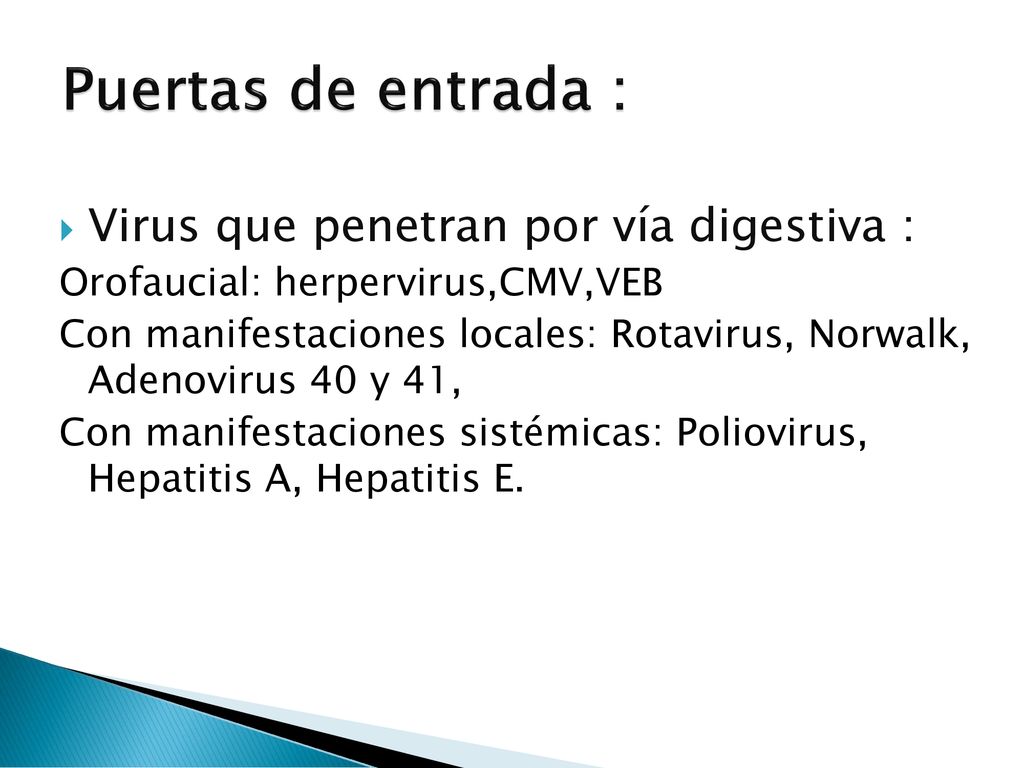 Puertas de entrada : Virus que penetran por vía digestiva :