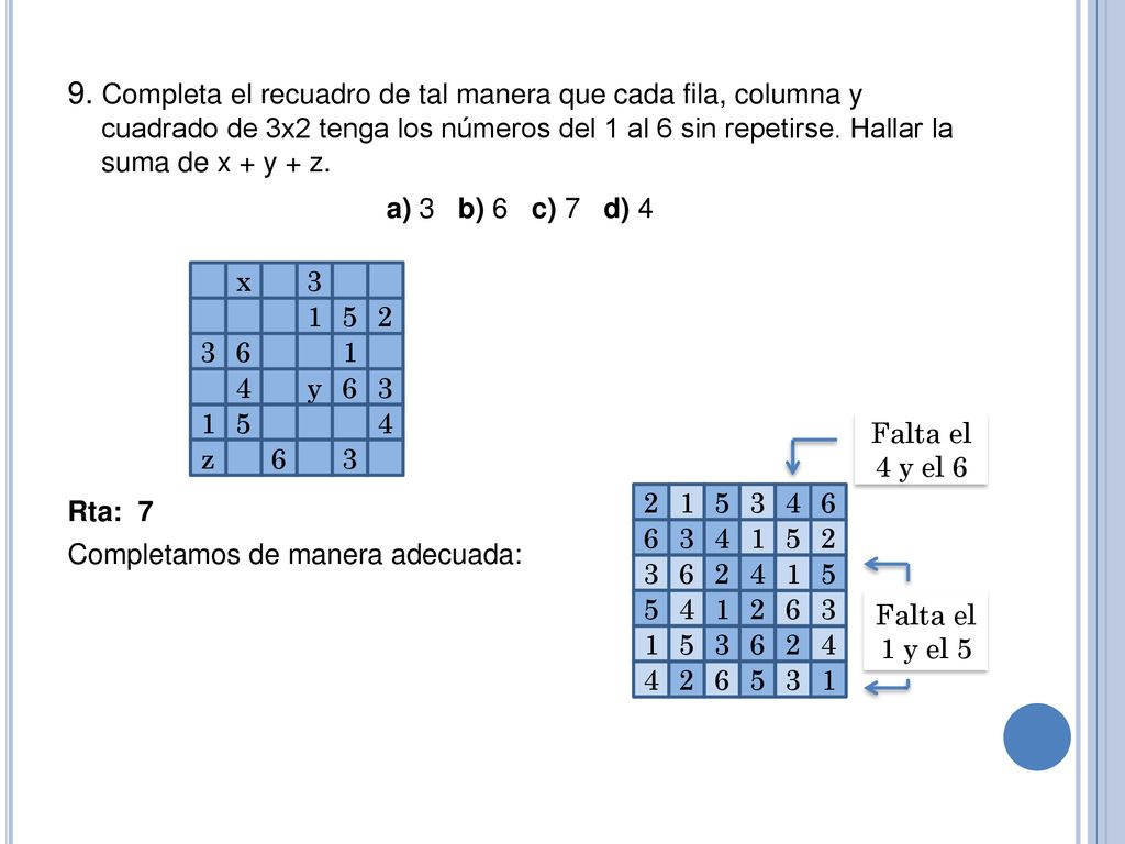 9. Completa el recuadro de tal manera que cada fila, columna y cuadrado de 3x2 tenga los números del 1 al 6 sin repetirse. Hallar la suma de x + y + z.