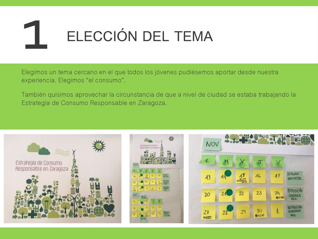 1 ELECCIÓN DEL TEMA. Elegimos un tema cercano en el que todos los jóvenes pudiésemos aportar desde nuestra experiencia. Elegimos el consumo .
