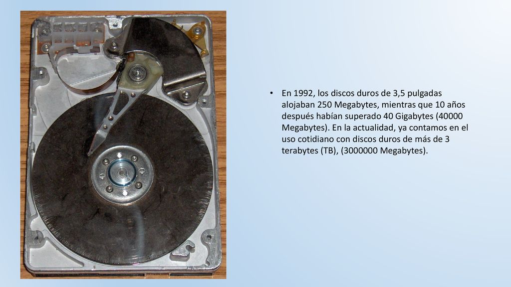 En 1992, los discos duros de 3,5 pulgadas alojaban 250 Megabytes, mientras que 10 años después habían superado 40 Gigabytes (40000 Megabytes).