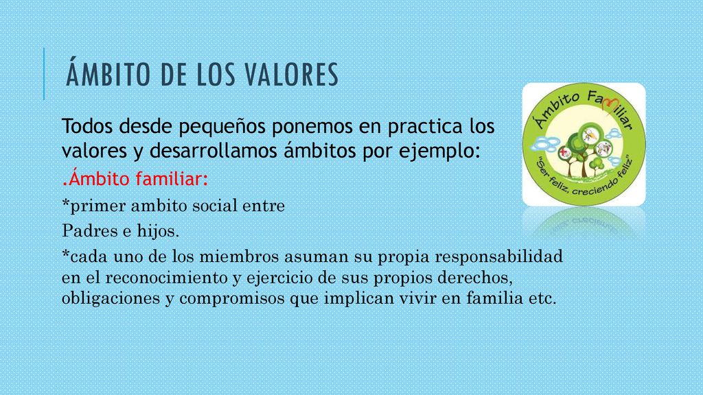 Ámbito de los valores Todos desde pequeños ponemos en practica los valores y desarrollamos ámbitos por ejemplo: