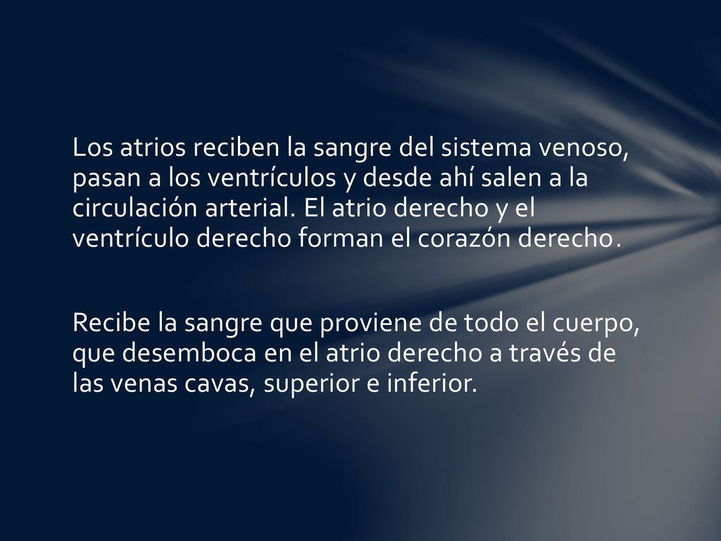 Los atrios reciben la sangre del sistema venoso, pasan a los ventrículos y desde ahí salen a la circulación arterial.