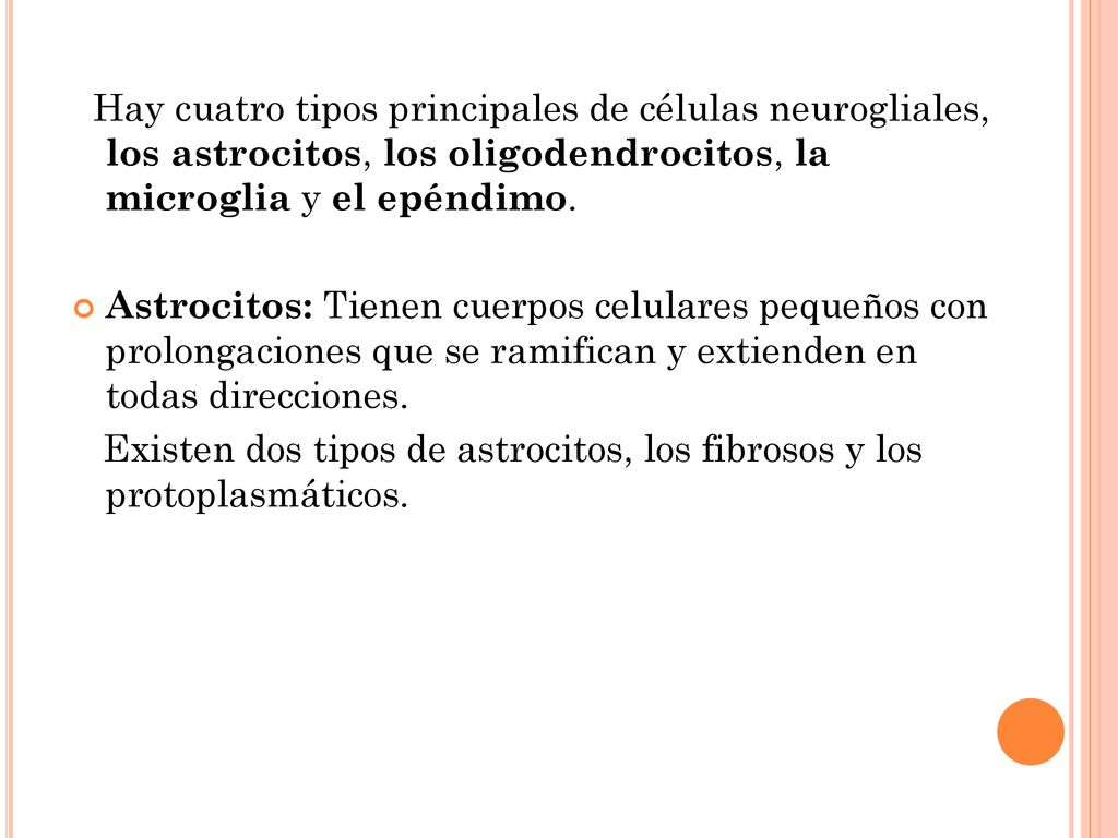 Hay cuatro tipos principales de células neurogliales, los astrocitos, los oligodendrocitos, la microglia y el epéndimo.
