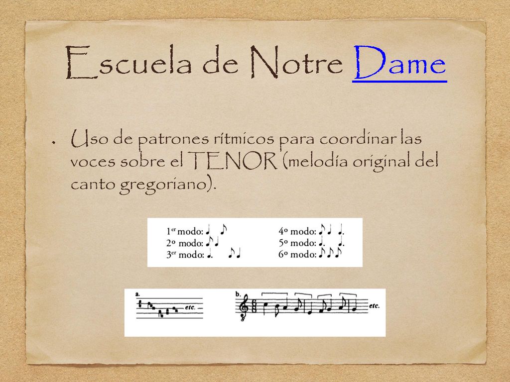 Escuela de Notre Dame Uso de patrones rítmicos para coordinar las voces sobre el TENOR (melodía original del canto gregoriano).