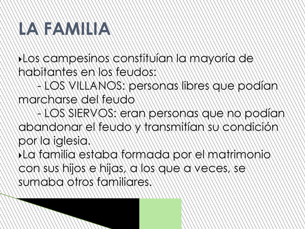 LA FAMILIA Los campesinos constituían la mayoría de habitantes en los feudos: - LOS VILLANOS: personas libres que podían marcharse del feudo.