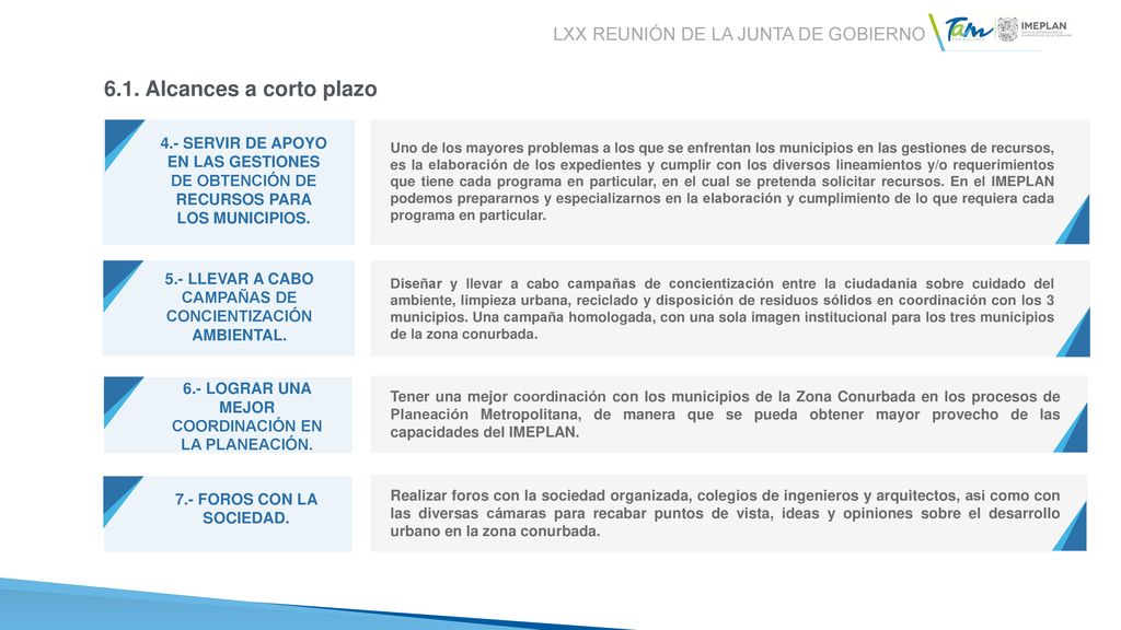 6.1. Alcances a corto plazo LXX Reunión de la Junta de gobierno