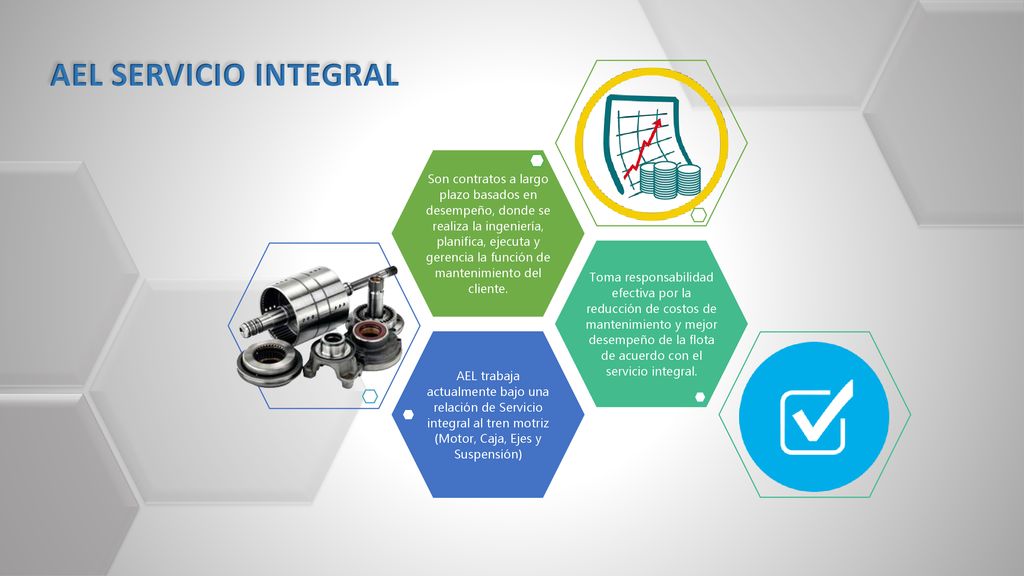 AEL SERVICIO INTEGRAL AEL trabaja actualmente bajo una relación de Servicio integral al tren motriz (Motor, Caja, Ejes y Suspensión)