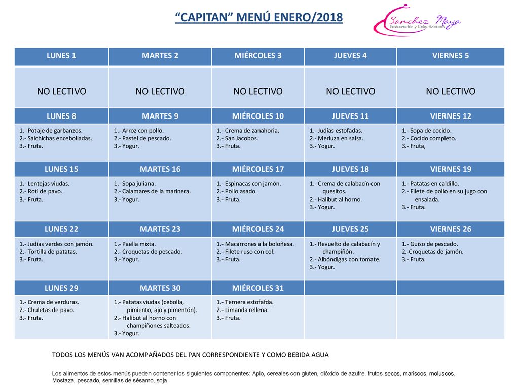 CAPITAN MENÚ ENERO/2018 NO LECTIVO LUNES 1 MARTES 2 MIÉRCOLES 3