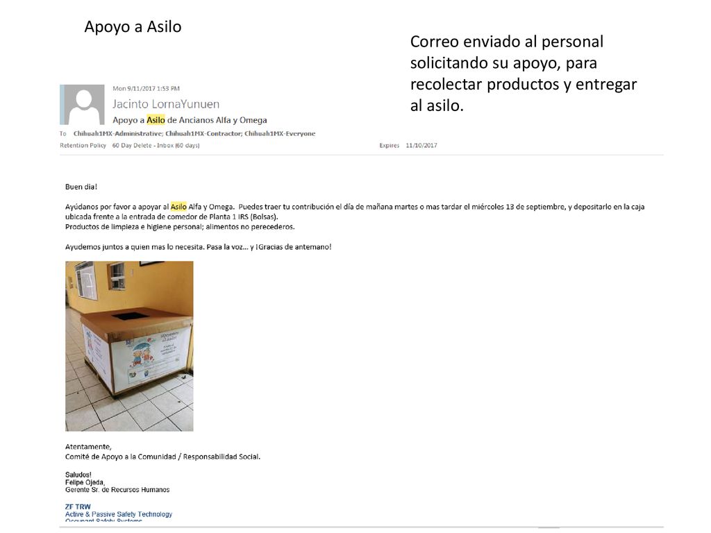 Apoyo a Asilo Correo enviado al personal solicitando su apoyo, para recolectar productos y entregar al asilo.