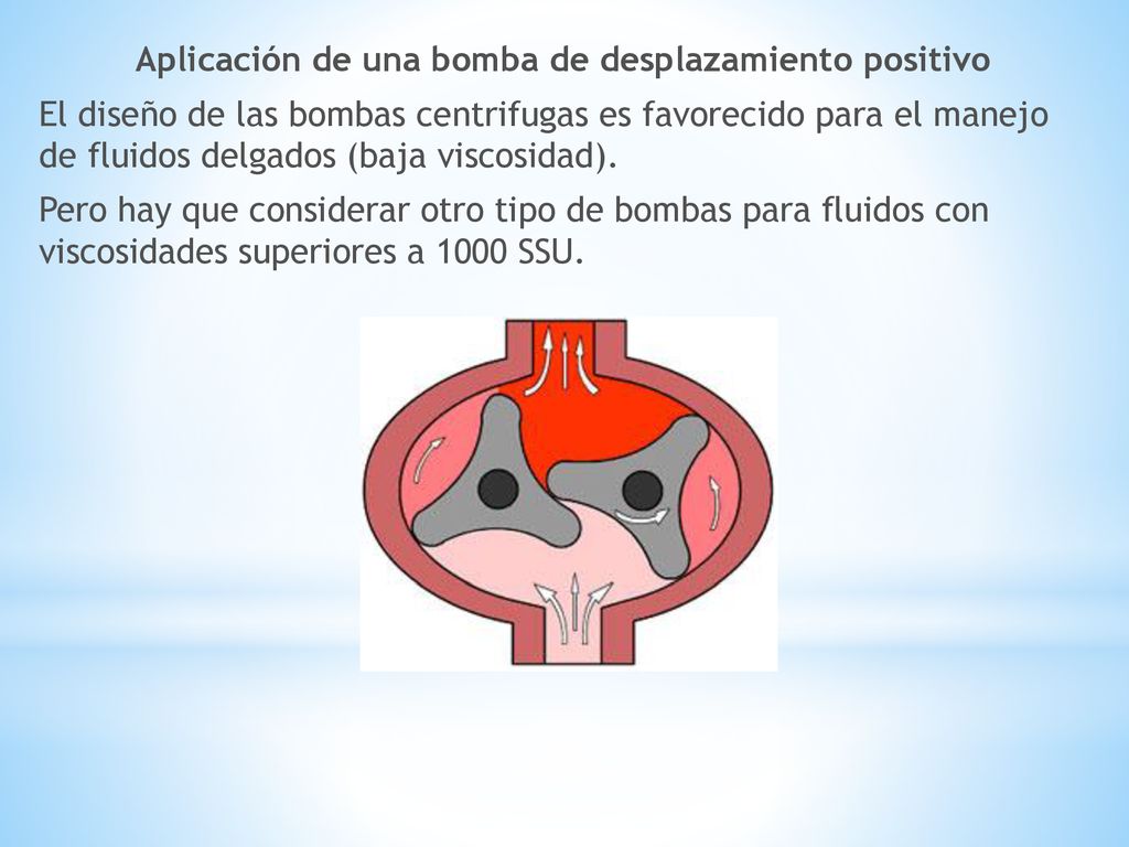 Aplicación de una bomba de desplazamiento positivo El diseño de las bombas centrifugas es favorecido para el manejo de fluidos delgados (baja viscosidad).