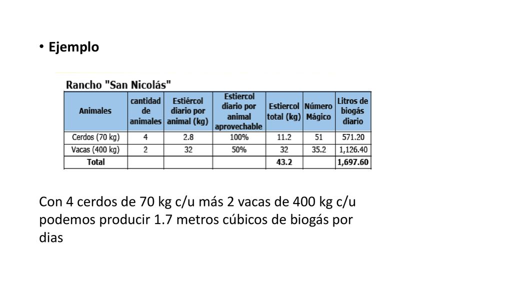 Ejemplo Con 4 cerdos de 70 kg c/u más 2 vacas de 400 kg c/u podemos producir 1.7 metros cúbicos de biogás por dias.