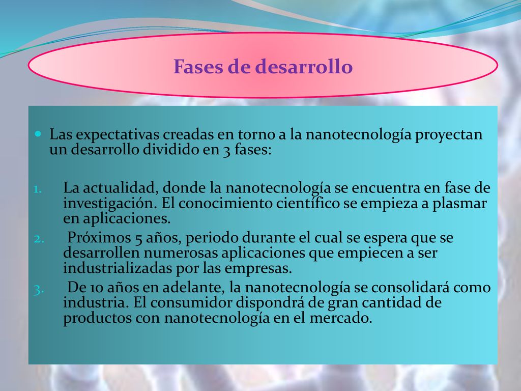Fases de desarrollo Las expectativas creadas en torno a la nanotecnología proyectan un desarrollo dividido en 3 fases: