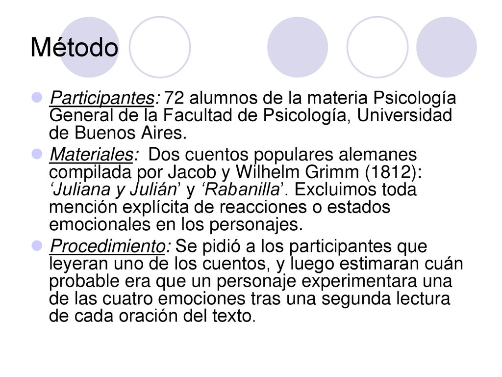 Método Participantes: 72 alumnos de la materia Psicología General de la Facultad de Psicología, Universidad de Buenos Aires.