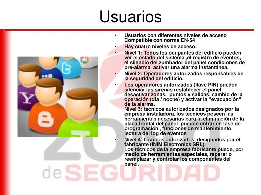 Usuarios Usuarios con diferentes niveles de acceso Compatible con norma EN-54. Hay cuatro niveles de acceso: