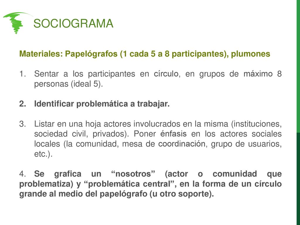 SOCIOGRAMA Materiales: Papelógrafos (1 cada 5 a 8 participantes), plumones.