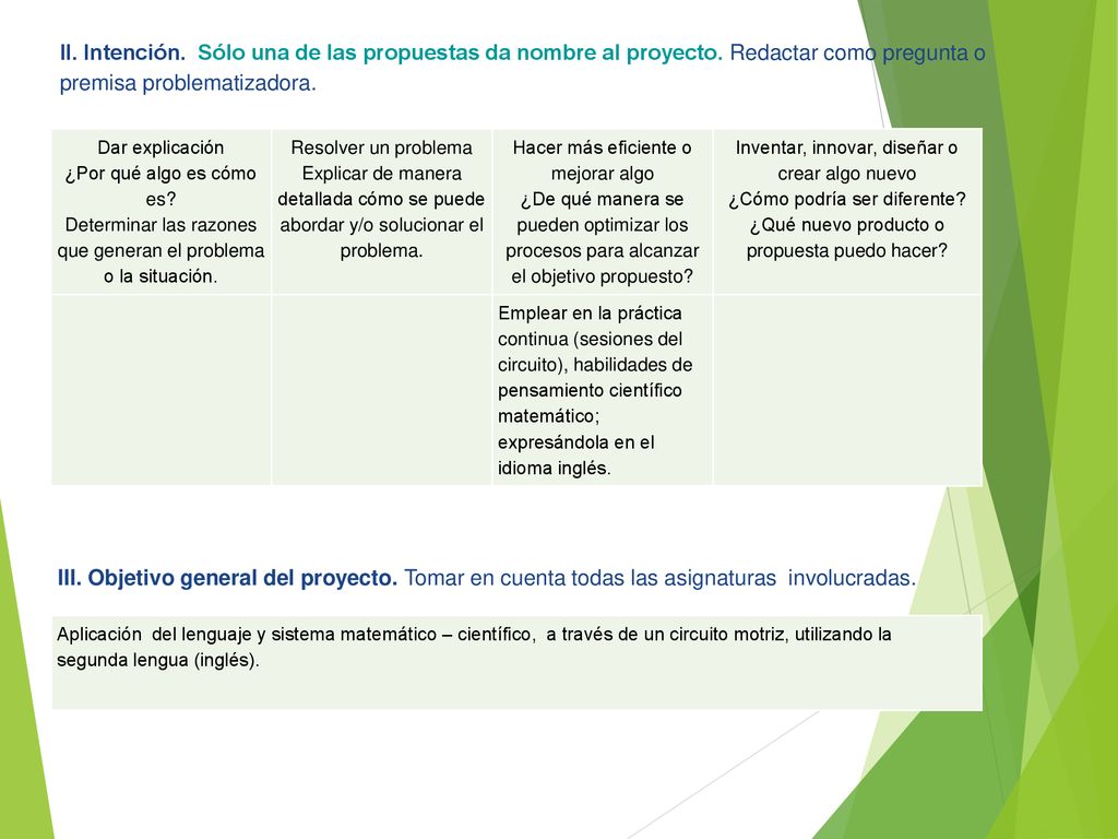 II. Intención. Sólo una de las propuestas da nombre al proyecto