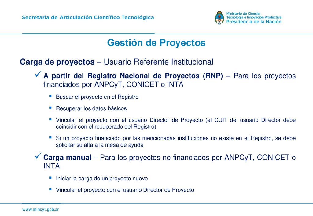 Gestión de Proyectos Carga de proyectos – Usuario Referente Institucional.