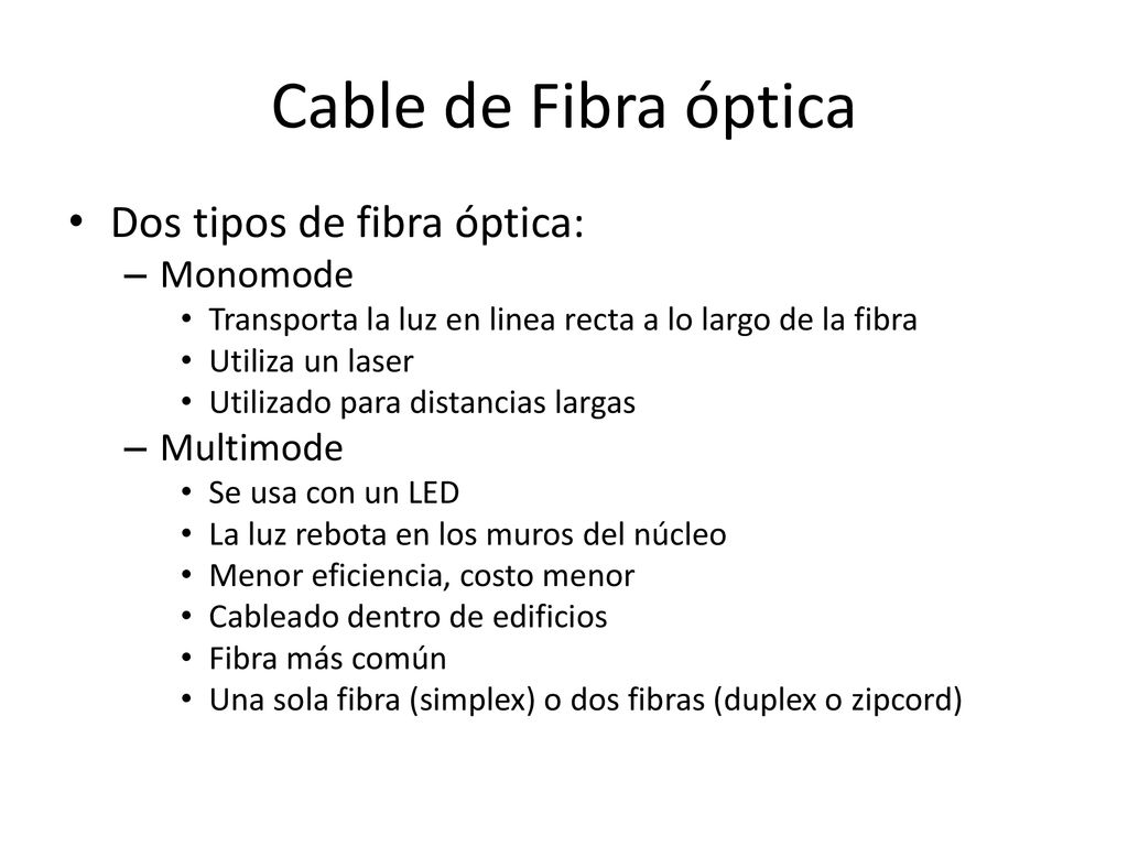 Cable de Fibra óptica Dos tipos de fibra óptica: Monomode Multimode