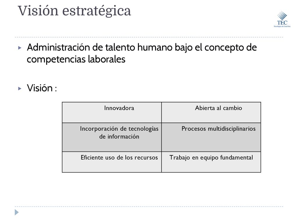 Visión estratégica Administración de talento humano bajo el concepto de competencias laborales. Visión :