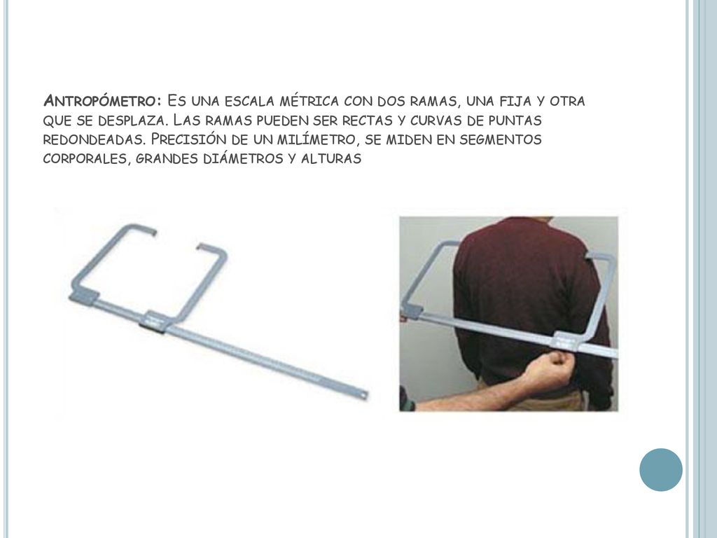 Antropómetro: Es una escala métrica con dos ramas, una fija y otra que se desplaza.