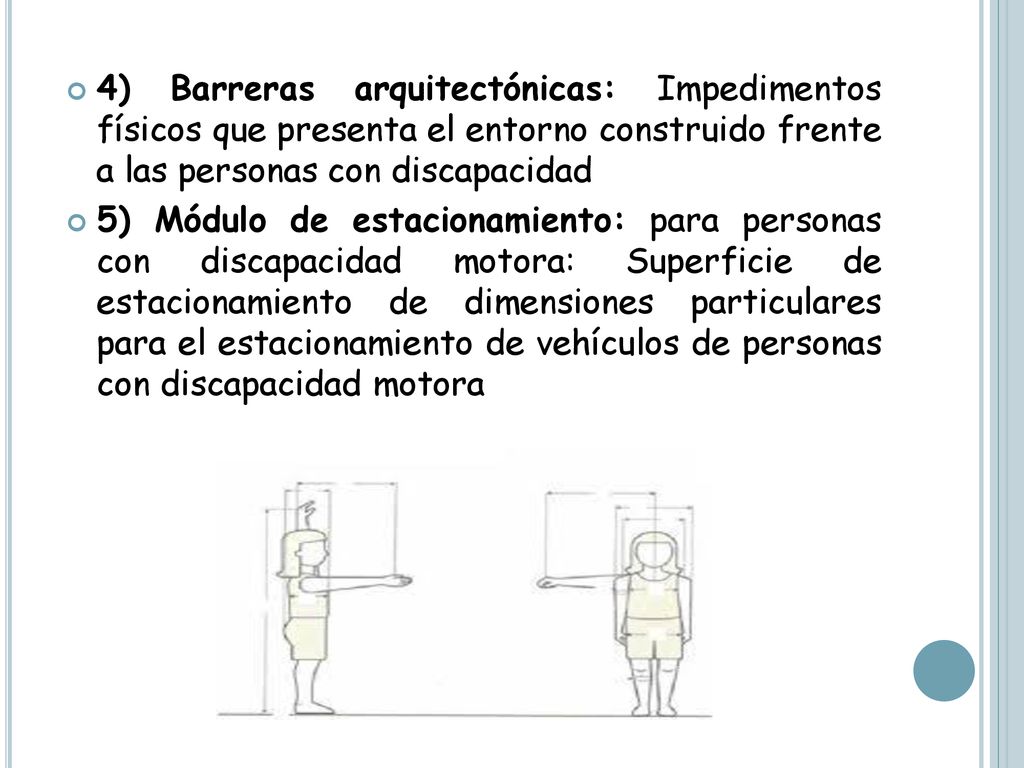 4) Barreras arquitectónicas: Impedimentos físicos que presenta el entorno construido frente a las personas con discapacidad