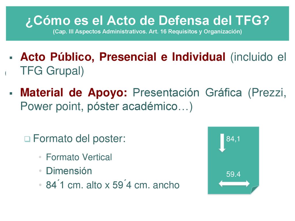 ¿Cómo es el Acto de Defensa del TFG (Cap. III Aspectos Administrativos. Art. 16 Requisitos y Organización)