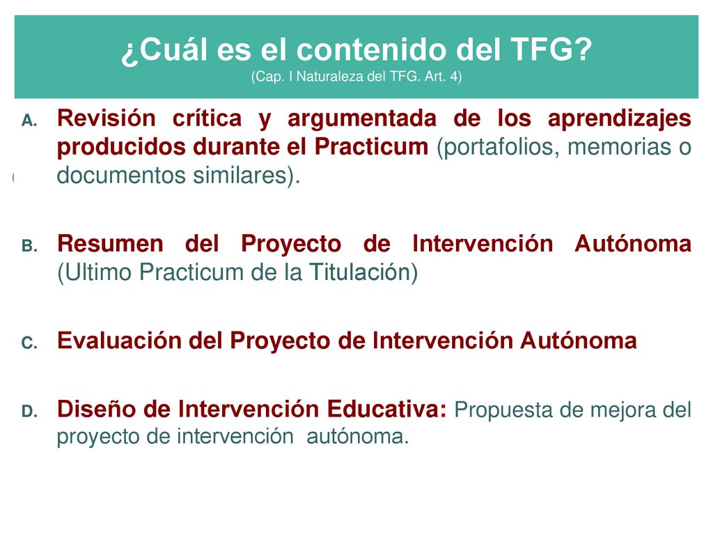 ¿Cuál es el contenido del TFG (Cap. I Naturaleza del TFG. Art. 4)