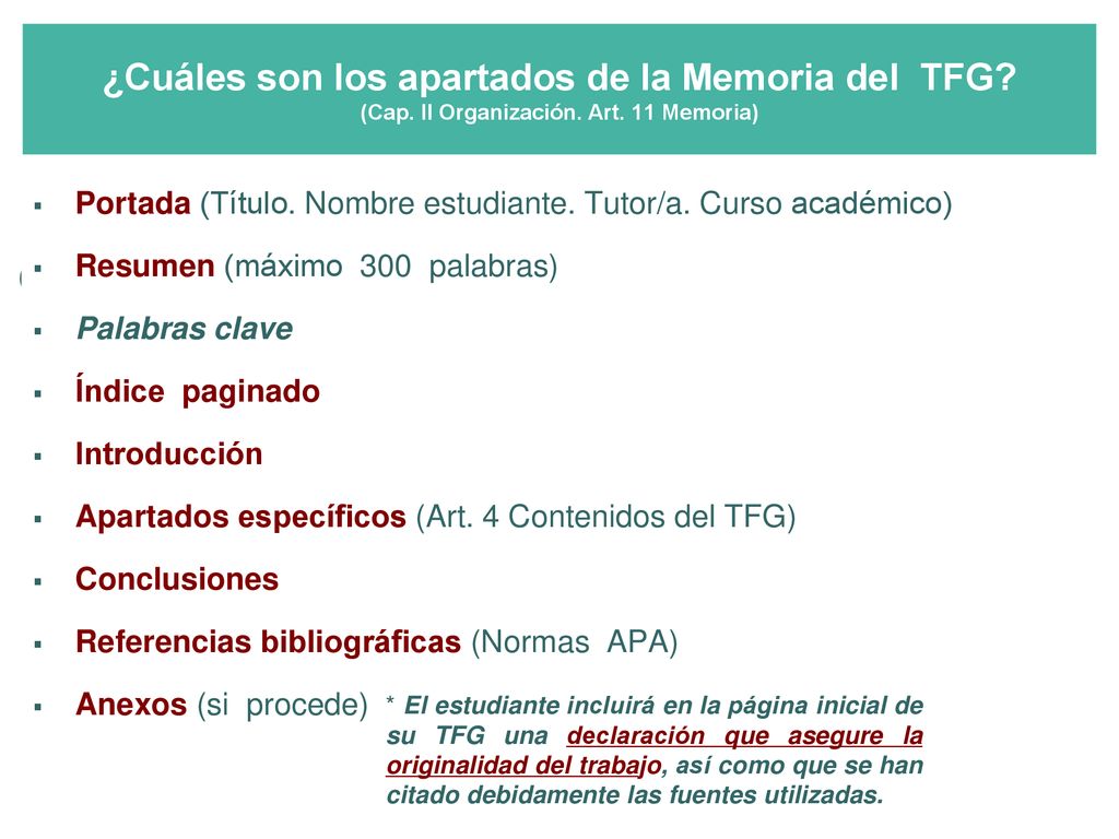 ¿Cuáles son los apartados de la Memoria del TFG. (Cap. II Organización