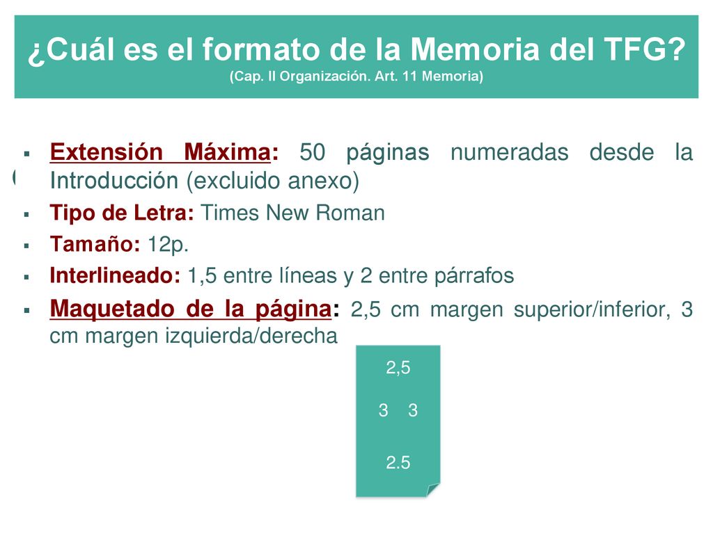 ¿Cuál es el formato de la Memoria del TFG. (Cap. II Organización. Art