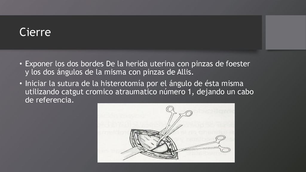 Cierre Exponer los dos bordes De la herida uterina con pinzas de foester y los dos ángulos de la misma con pinzas de Allis.