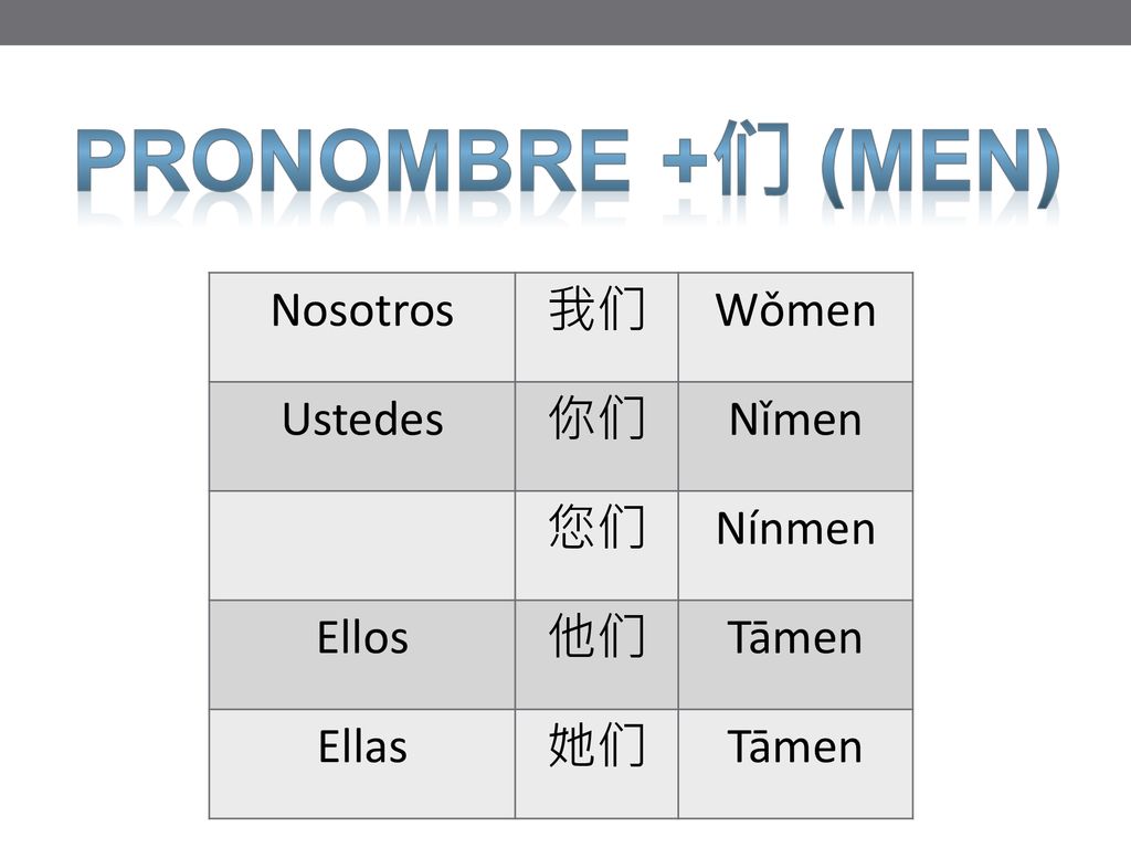 Pronombre +们 (men) Nosotros 我们 Wǒmen Ustedes 你们 Nǐmen 您们 Nínmen Ellos