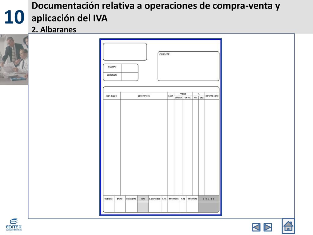 10 Documentación relativa a operaciones de compra-venta y aplicación del IVA 2. Albaranes. Banda Superior.