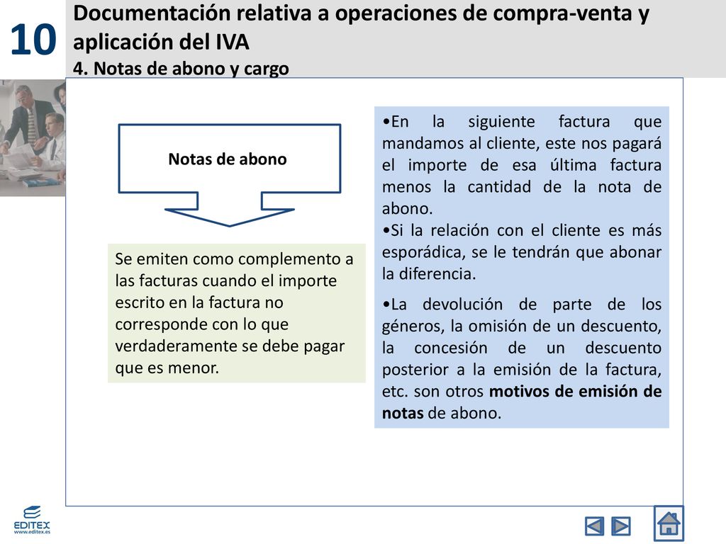 10 Documentación relativa a operaciones de compra-venta y aplicación del IVA 4. Notas de abono y cargo.