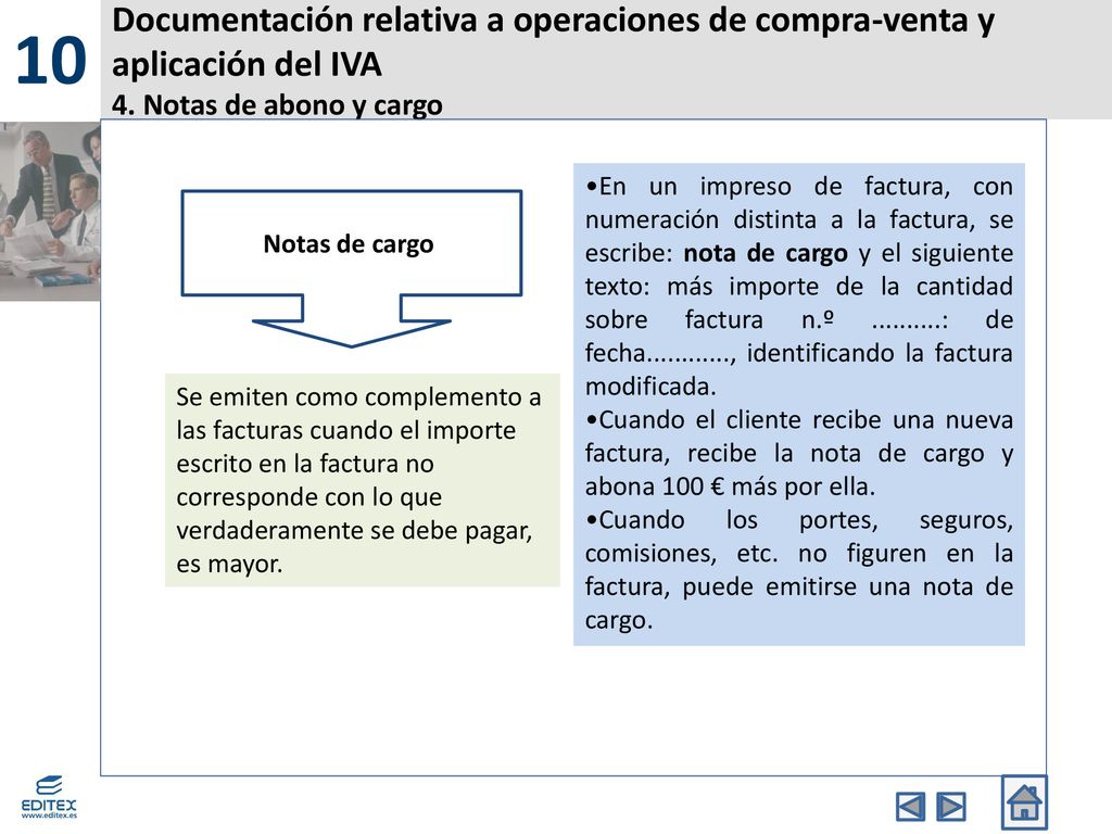 10 Documentación relativa a operaciones de compra-venta y aplicación del IVA 4. Notas de abono y cargo.