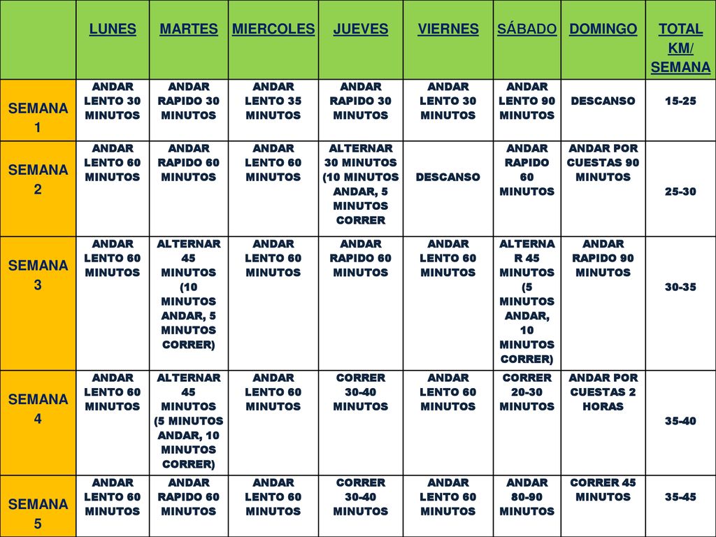 LUNES MARTES MIERCOLES JUEVES VIERNES SÁBADO DOMINGO TOTAL KM/ SEMANA