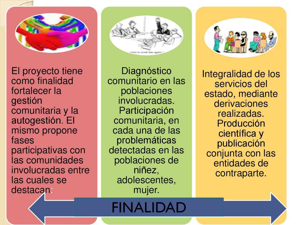 El proyecto tiene como finalidad fortalecer la gestión comunitaria y la autogestión. El mismo propone fases participativas con las comunidades involucradas entre las cuales se destacan: