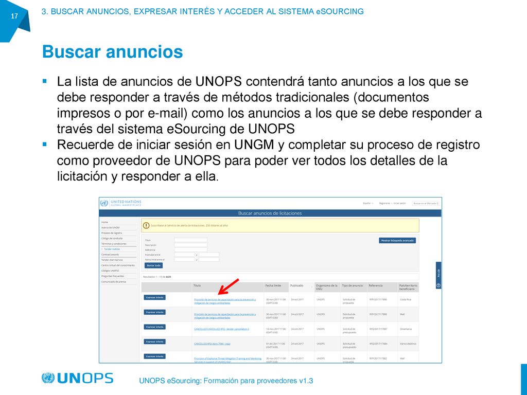 3. BUSCAR ANUNCIOS, EXPRESAR INTERÉS Y ACCEDER AL SISTEMA eSOURCING