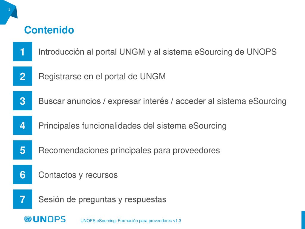 Contenido 1. Introducción al portal UNGM y al sistema eSourcing de UNOPS. 2. Registrarse en el portal de UNGM.
