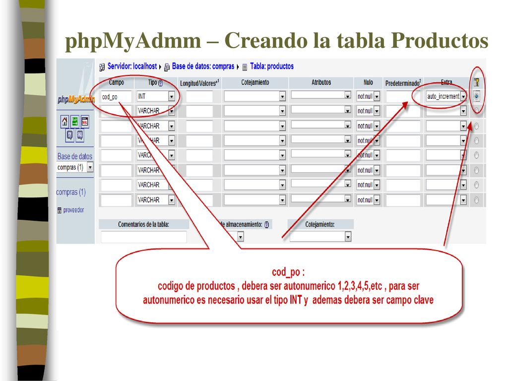 phpMyAdmm – Creando la tabla Productos
