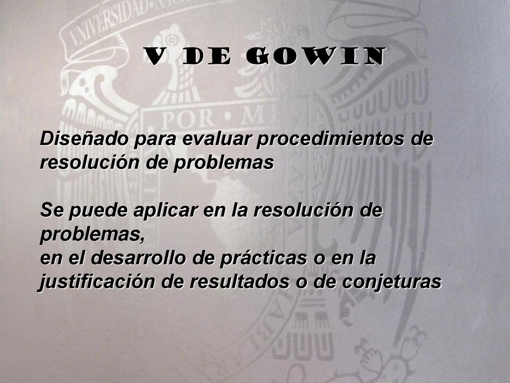 V de gowin Diseñado para evaluar procedimientos de resolución de problemas. Se puede aplicar en la resolución de problemas,