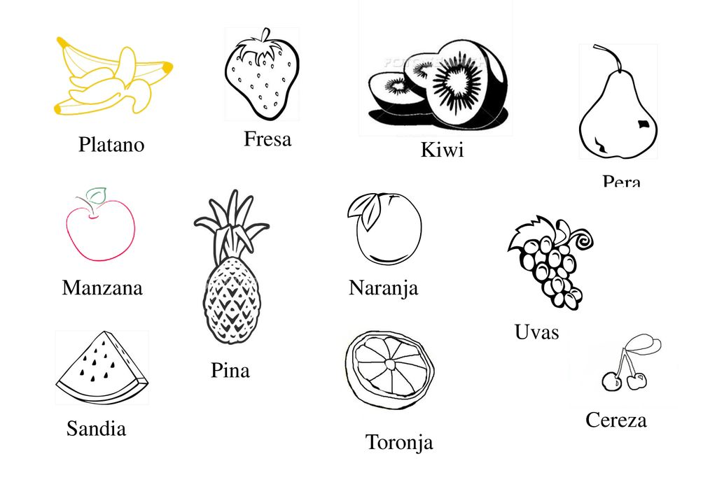 Fresa Platano Kiwi Pera Manzana Naranja Uvas Pina Cereza Sandia Toronja